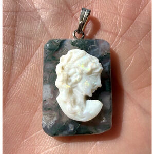 Carved Cameo Pendant Moss Agate Stone Opal Inlay Lady Portrait Vintage Style .75